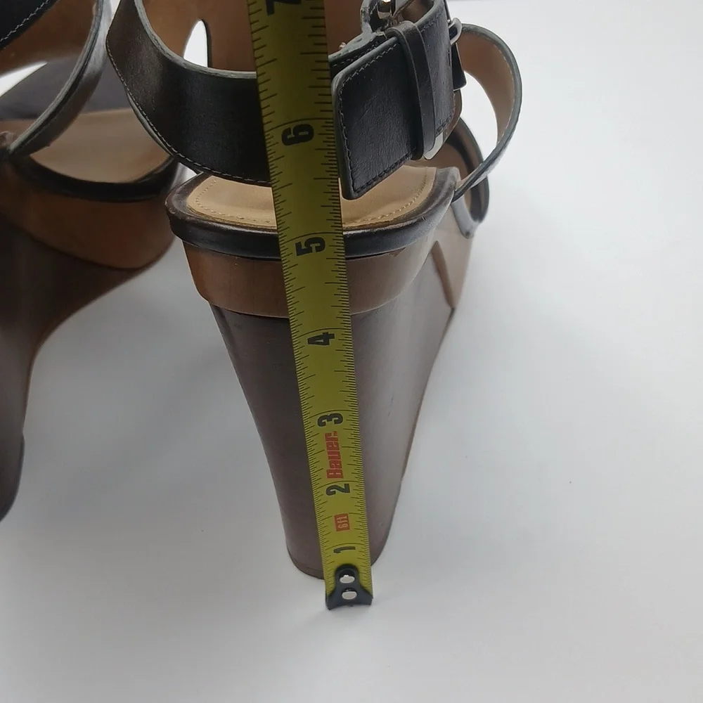 Michael Kors‎ Wedge Sandals Womens 10 Dark Brown Leather Wood Platform Buckle